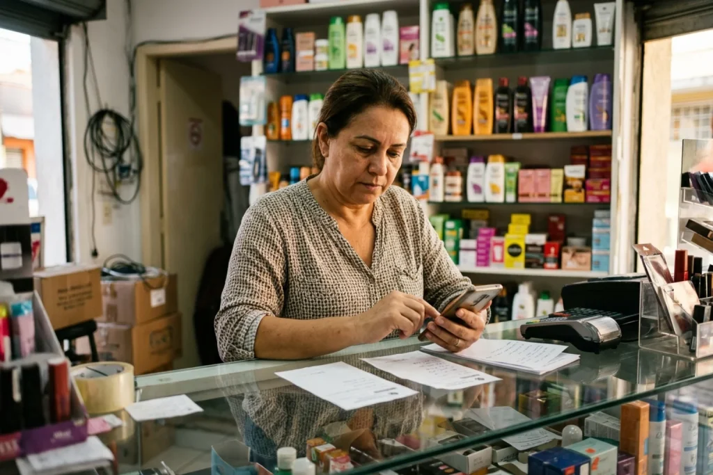 Dona de loja de cosméticos confere pedidos de clientes no balcão com o celular na mão