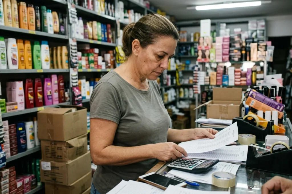 Dona de loja de cosméticos confere lista de pedidos com calculadora e celular no balcão antes de planejar uma campanha no WhatsApp